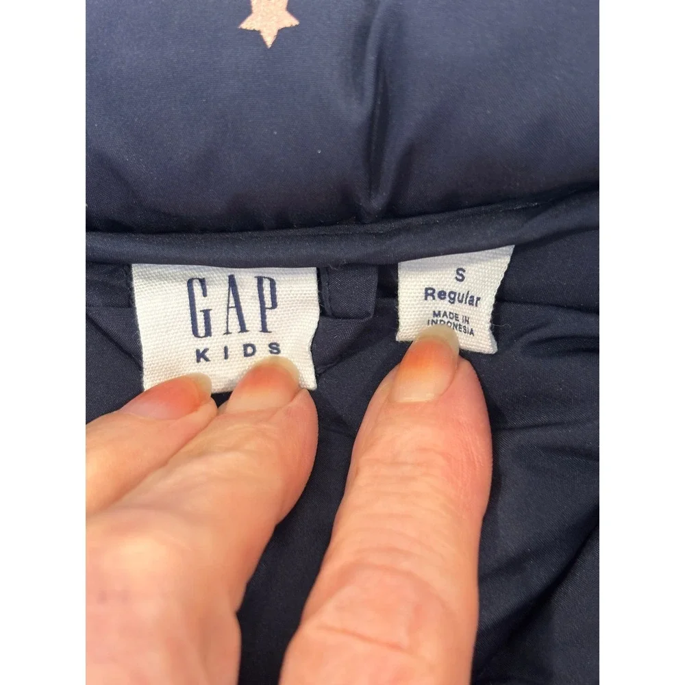 Gap Kids Navy Blue Rose Gold Metallic Star Puffer Vest Small S 6-7 Chevron Zip